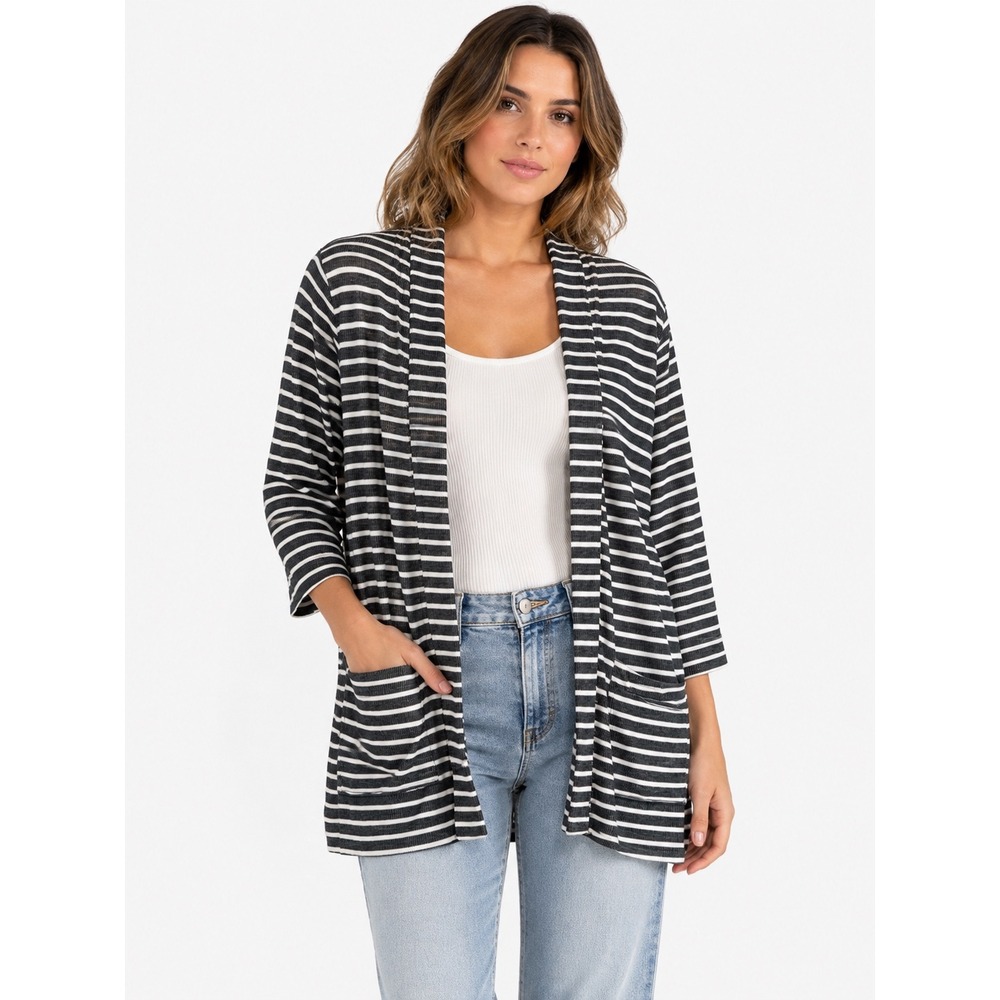 Karen Scott Sport Cardigan Women L Navy Blue Striped Open Front Nautical Coat